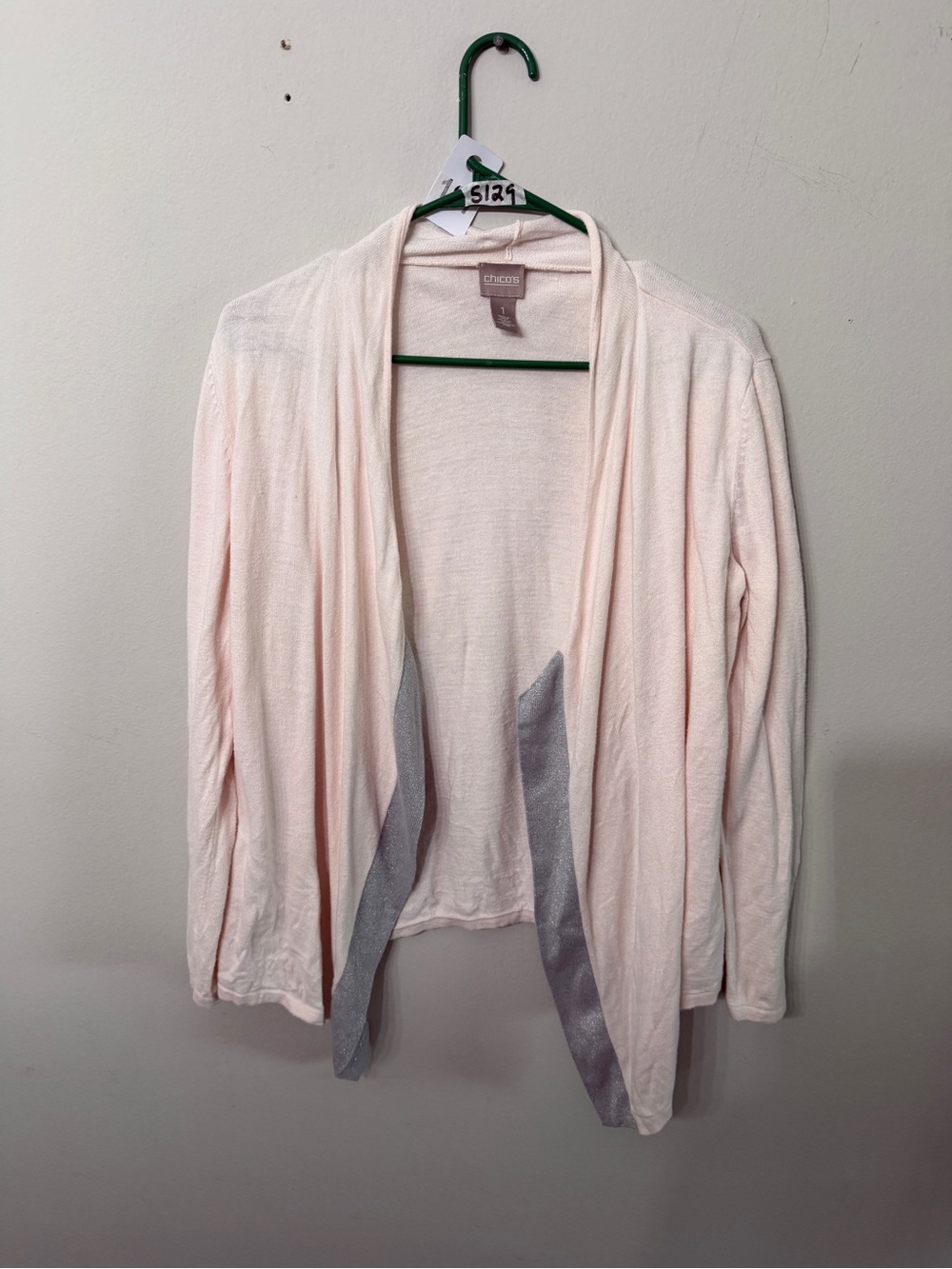 Women’s Chico’s Size 1 Medium Pink Silver Metallic Open Front Cardigan